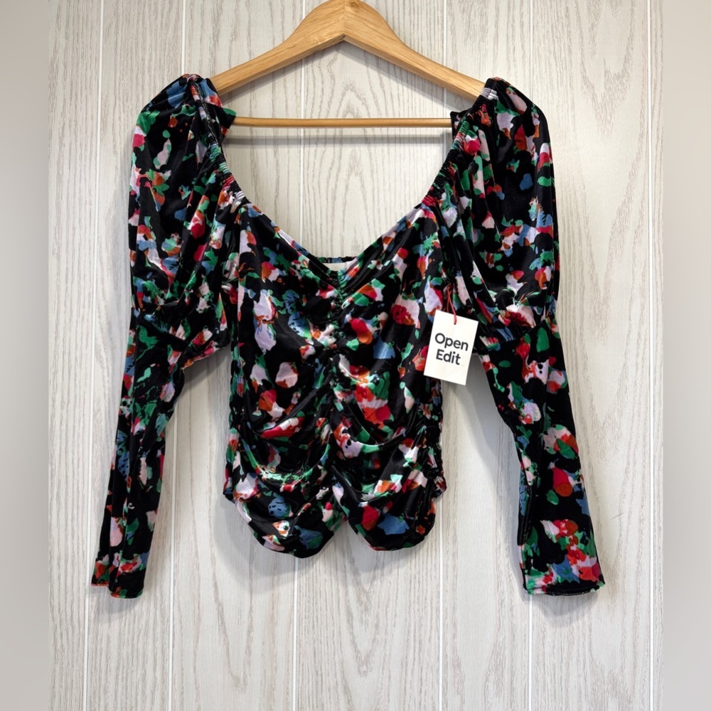 Open Edit Floral Ruched Puff Sleeve Smocked Crop Top Size S NWT